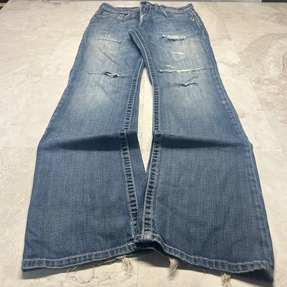 BKE Aiden Distressed Straight Leg Jeans Blue Mens 31L Thick Stitch Denim